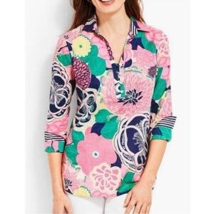 Talbots Floral Swiss Dot Button Up Nautical Lightweight Blouse - Size Small